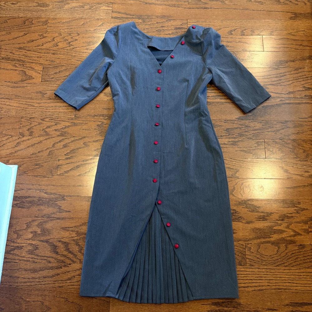Vintage 40s Rockabilly Style Gray Sheath Dress Red Buttons Pleated Midi Large - Picture 2 of 13